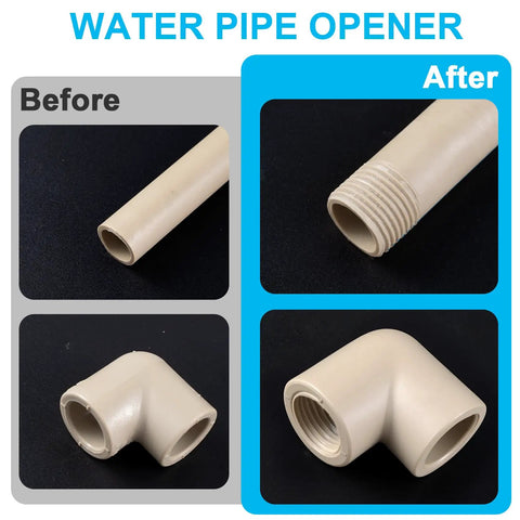Image showing before and after use of the Super Duper Handy Dual Size Pvc Pipe Threading Kit! Handles 1/2 and 3/4 inch pipes.