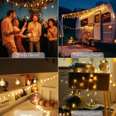 Globe String Lights 60 LED Battery Operated With Remote 26ft Waterproof Indoor Outdoor Fairy Lights used in party, camping, dorm, and bedroom decor settings.