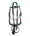 Anatomical Dressage Bridle With Reins In Brown Leather, Padded Crown And Nose, Dope Turquoise Padding Accent, Crank Style Buckles Behind Jaw