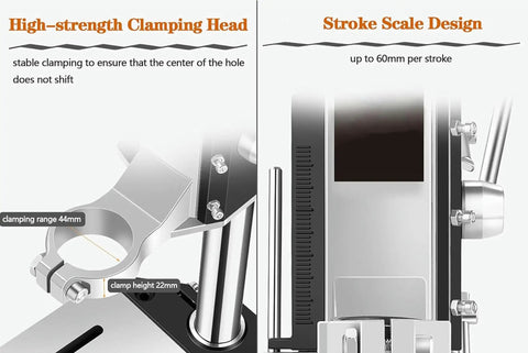 Sturdy Drill Press Stand Bench Top With Vise For Hand Drill Adjustable, showing high-strength clamping head and stroke scale design.