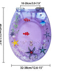 Vibrant Purple Round Resin Toilet Seat With Embedded Sea Shells, Hella Smooth Slow Close Metal Hinge, Tough Four Hundred Pound Capacity, Dope Color Locked Finish For Effortless Bathroom Refresh, with sea motifs.