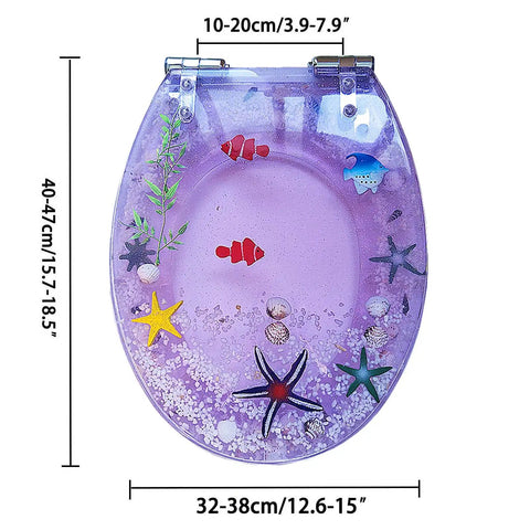 Vibrant Purple Round Resin Toilet Seat With Embedded Sea Shells, Hella Smooth Slow Close Metal Hinge, Tough Four Hundred Pound Capacity, Dope Color Locked Finish For Effortless Bathroom Refresh, with sea motifs.