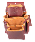Front view of 4 Pouch Pro Fastener Bag All Leather Tool Tote With 10 Pockets And Tool Holders For Carpenters And Framers Four Stacked Compartments