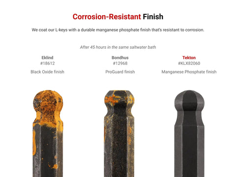 Comparison of corrosion-resistant finishes on L-keys, showing black oxide, ProGuard, and manganese phosphate coatings after 45 hours in saltwater.