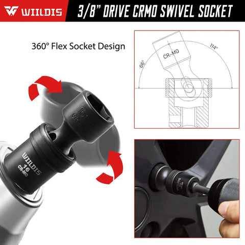 Heavy Duty 19 Piece Three Eighths Inch Drive Impact Socket Set With Chromoly Swivel Sockets Flexible Wobble Design