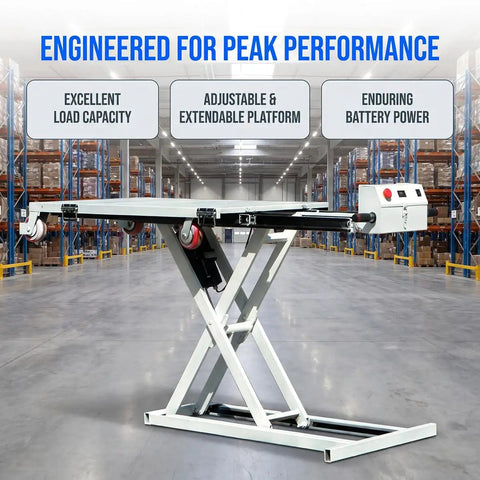 Slick Foldable Hydraulic Lift Cart And Portable Flatbed Truck Effortlessly Haul Heavy Loads Without The Sweat Compact rolling dolly in warehouse.