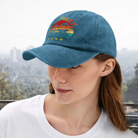 Woman wearing Women's RV Pilot Hat For Road Trips And Camper Vacations, adjustable back buckle visible, outdoor background