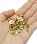 Real Deal Gold Flat Head Thumb Tacks One Hundred Pack solid metal pins in hand showcasing easy insert and smooth edges.