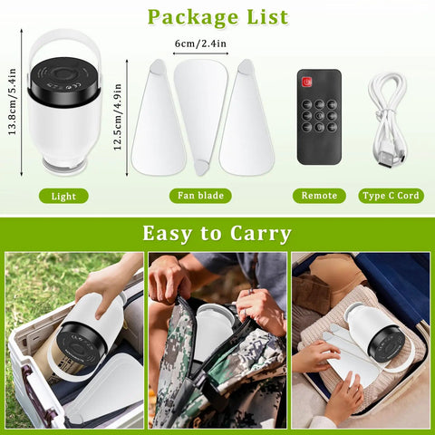 2 In 1 Camping Fan And LED Lantern For Outdoors Portable Hanging Ceiling Fan With Light components and package