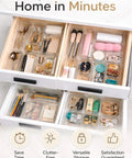 13 Piece Clear Drawer Organizer Set For Bathroom And Kitchen in wooden drawers with makeup and office supplies