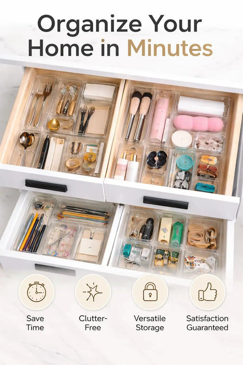 13 Piece Clear Drawer Organizer Set For Bathroom And Kitchen in wooden drawers with makeup and office supplies