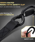 Close-up of rubber-coated S-hook with safety clip and double stitching on heavy-duty self retracting ratchet straps.