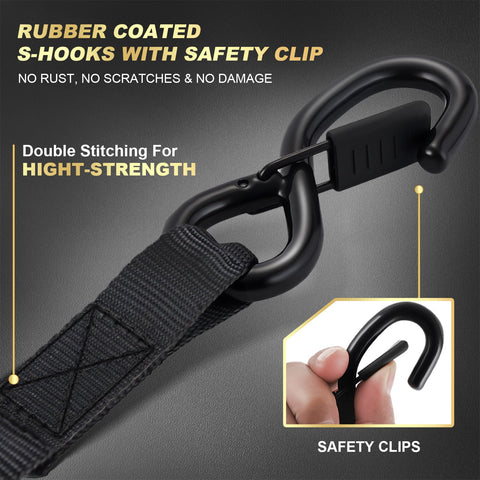 Close-up of rubber-coated S-hook with safety clip and double stitching on heavy-duty self retracting ratchet straps.