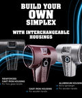 Three interchangeable hammer housings with labels: reinforced cast iron, cast iron, and aluminum for Beefy Sledge Hammer.