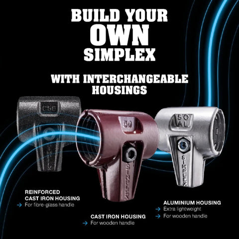 Three interchangeable hammer housings with labels: reinforced cast iron, cast iron, and aluminum for Beefy Sledge Hammer.