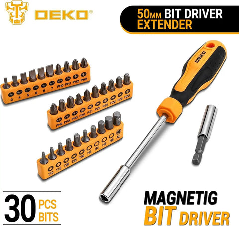 30-bit driver set with extender from 62 Piece Household Tool Kit With Plastic Toolbox And Storage Case Basic Home Tool Set.