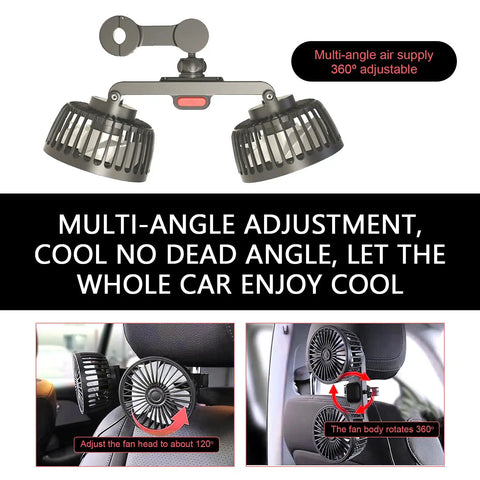 Dual Head Car Seat Headrest Fan With 360 Degree Rotating No Sweat USB Powered Silent Motor For Smooth Rear Passenger Comfort installed on headrest