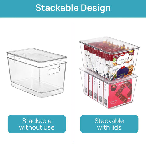 Hella Nifty Clear Stackable Storage Bins With Secure Snap Lids And Comfortable Side Handles And Large 6 Pack showing stackable design with items.