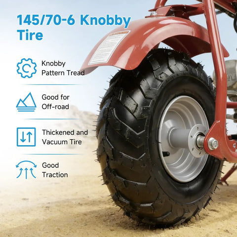 Close-up of 145/70-6 knobby tire on red mini bike, showcasing tread pattern and features, All Terrain Tire 145/70-6 For Mini Bikes And Go Karts