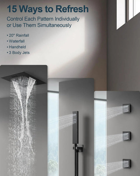 GRANDJOY 20" LED Shower System with Handheld Spray, Matte Black, featuring dual showerheads and body jets.