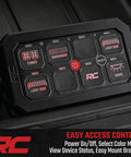 Close-up of Eight Gang Bluetooth RGB Backlit Switch Panel on swivel mount for LED light control in trucks and UTVs