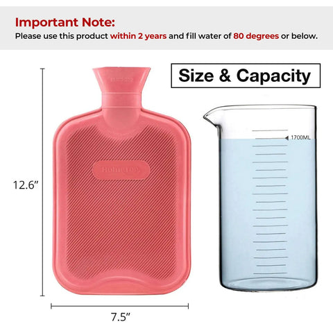 Premium Classic Rubber Hot Water Bottle Red next to a 1700ml measuring jug showing size and capacity.