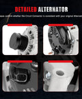 Detailed views of Heavy Duty 220Amp 12V Alternator For Dodge Durango 2011 2015 V6 3.6L For Charger 2011 2016 V6 3.6L Ram 1500 2013 2015 V6 3.6L And Jeep Grand Cherokee 2011 2016 V6 3.6L High Output Replacement With OE Numbers 4801865AC 4210007050 421000705 4210007, showing connectors and pulley.