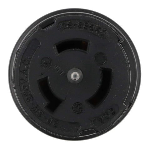 Close-up top view of Industrial 50 Amp Twist Lock Connector 125 250V 3 Pole 4 Wire Female Cord Mounted Locking Device Black And White