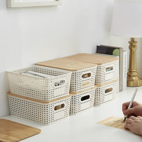Small Plastic Storage Bins With Bamboo Lids, Stackable Pantry Boxes, 6 Pack, Cream White, 10 X 7.2 X 4.1 Inches on desk