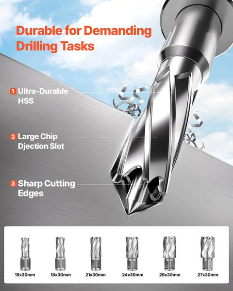 Get Ready To Hammer Metal With This Badass 1450W Magnetic Drill Press showing ultra-durable HSS drill bits and sizes for heavy-duty tasks.