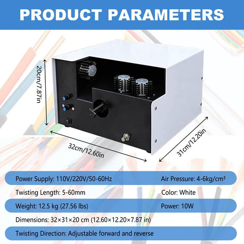 Heavy Duty Pneumatic Wire Stripper Machine With Automatic Clamping For 5-60mm Cables, dimensions and specifications displayed.