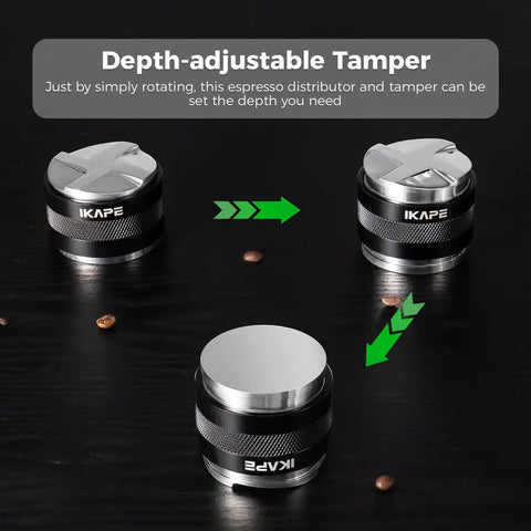 53mm Coffee Distributor And Hand Tamper With Adjustable Depth For Espresso Fits 53mm And 54mm Portafilters, three units shown.