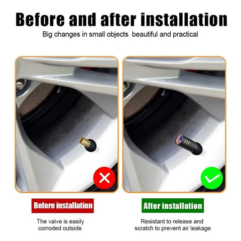 Comparison of car tire valve stem before and after installing American Flag Chrome Tire Valve Stem Caps Set Silver 5 Pack With Plastic Inner Liner Dope Leak Proof And Corrosion Resistant For Cars Trucks Motorcycles SUVs And Bikes