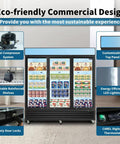 Rock Solid 70 Cu Ft Commercial Glass Door Freezer, Swing Front Retail Merchandiser with adjustable shelves and LED lighting.