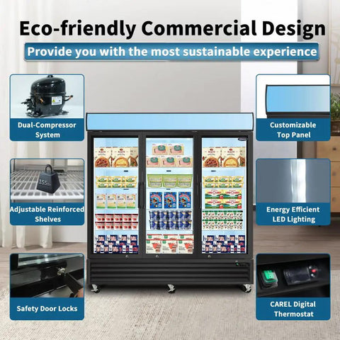 Rock Solid 70 Cu Ft Commercial Glass Door Freezer, Swing Front Retail Merchandiser with adjustable shelves and LED lighting.