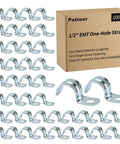 Heavy Duty One Hole 1/2 Emt Straps 100 Pack Zinc Plated Steel Conduit Clamps for Electrical Tubing displayed with packaging.
