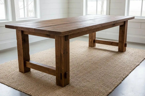 Hella Durable Reactive Water Based Voc Free Interior Wood Stain 55 Gallon used on rustic wood dining table with natural tones.