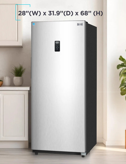 Big Boy 17 Cu Ft Convertible Freezer And Refrigerator, garage ready upright cooler in stainless finish, dimensions 28"W x 31.9"D x 68"H.