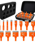High Octane Diamond Core Drill Bit Set 13 Piece Hole Saw Kit featuring orange diamond bits and black storage case for plumbing tasks.