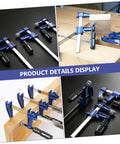 Heavy Duty F Clamp Woodworking Clip Fixture with Quick Release Trigger and Ergonomic Handle in various angles.