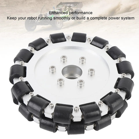 Front view of a 152mm (6 inch) aluminum alloy Mecanum wheel with 19mm rollers for DIY robot, 40kg load capacity