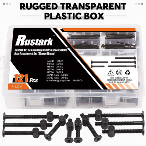 121 Piece M6 Furniture Bolts And Barrel Nuts Set With Hex Key For Baby Crib And Furniture Repairs in Transparent Box