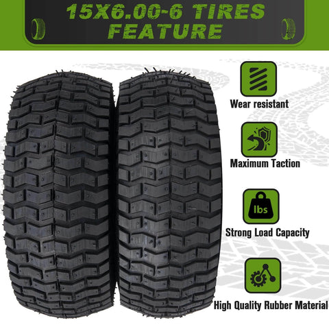 Front view of two 15X6.00-6 lawn mower tires showing tread pattern, wear resistance, and high load capacity features.
