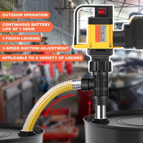 Handheld Cordless Oil Pump With 2 Batteries And 100W Motor For Liquid Transfer Adjustable Speed Up To 7M Lift near a drum with flexible hose.