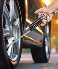 Heavy Duty Tire Inflator With Pressure Gauge And 16.5 Inch Extended Dual Head Air Chuck being used on car tire