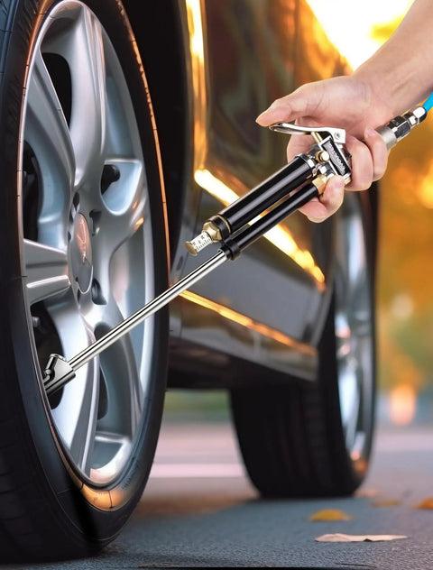 Heavy Duty Tire Inflator With Pressure Gauge And 16.5 Inch Extended Dual Head Air Chuck being used on car tire