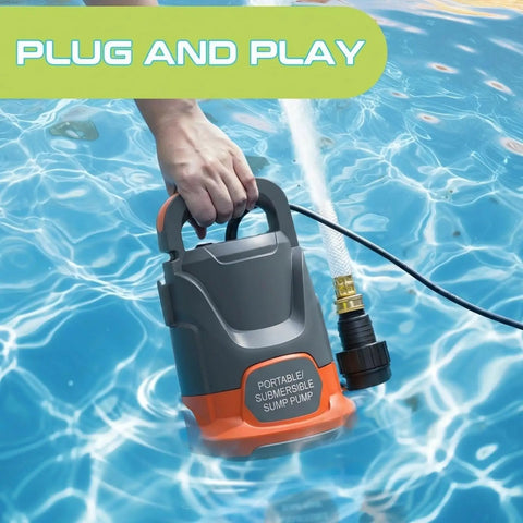 Tough As Nails Submersible Sump Pump Knocks Out Basement Flooding Fast With 1.1 Horsepower Motor in water with hose attached.