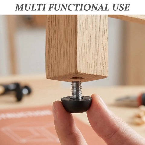 Person adjusting Heavy Duty M8 Adjustable Furniture Leveling Feet with Screw-In Legs under wooden furniture leg, 12 pack