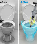 Before and after of toilet unclogging with Real Deal Heavy Duty Air Plunger And Drain Cleaning Kit for fast clog removal.