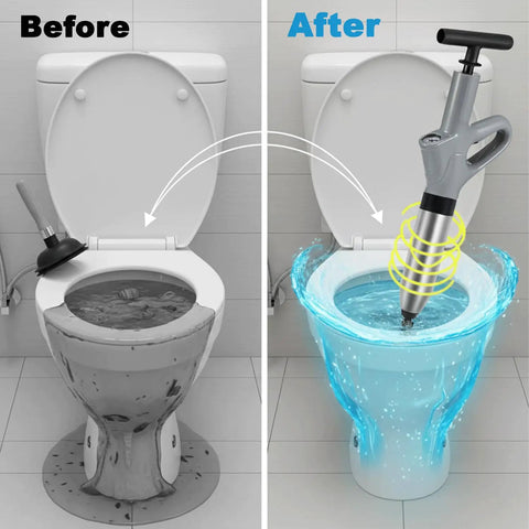 Before and after of toilet unclogging with Real Deal Heavy Duty Air Plunger And Drain Cleaning Kit for fast clog removal.